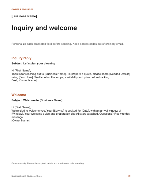 Cleaning business inquiry and welcome email templates preview