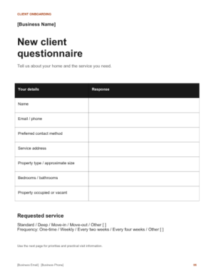 Residential cleaning new client questionnaire template preview
