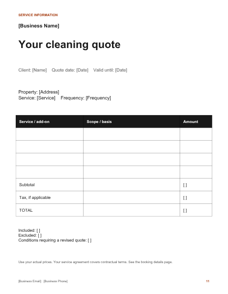 Editable residential cleaning quote summary preview