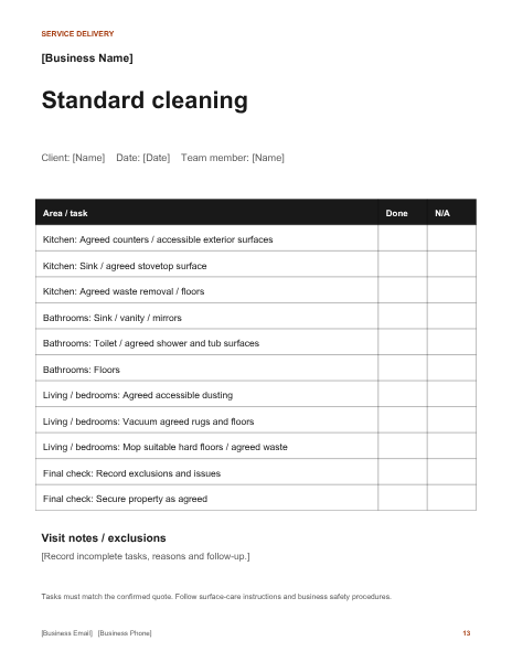 Standard residential cleaning checklist preview