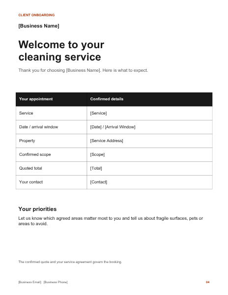 Editable residential cleaning client welcome guide preview