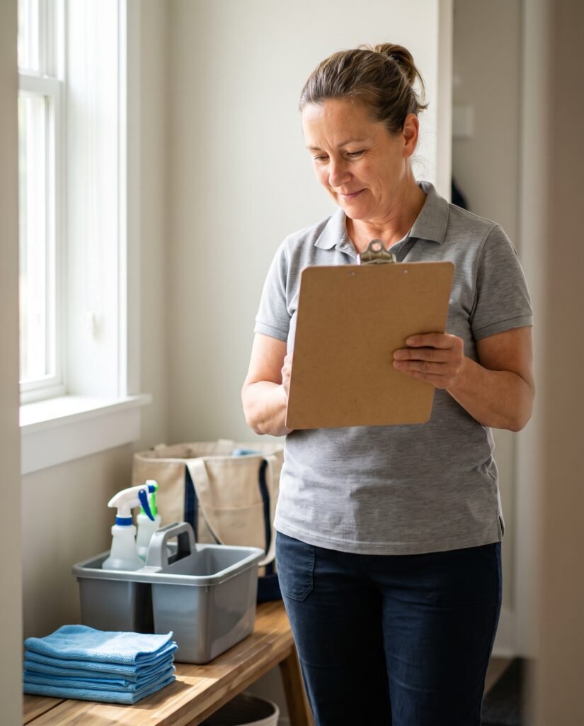 Residential cleaning business owner reviewing information on a clipboard, with cleaning supplies nearby.