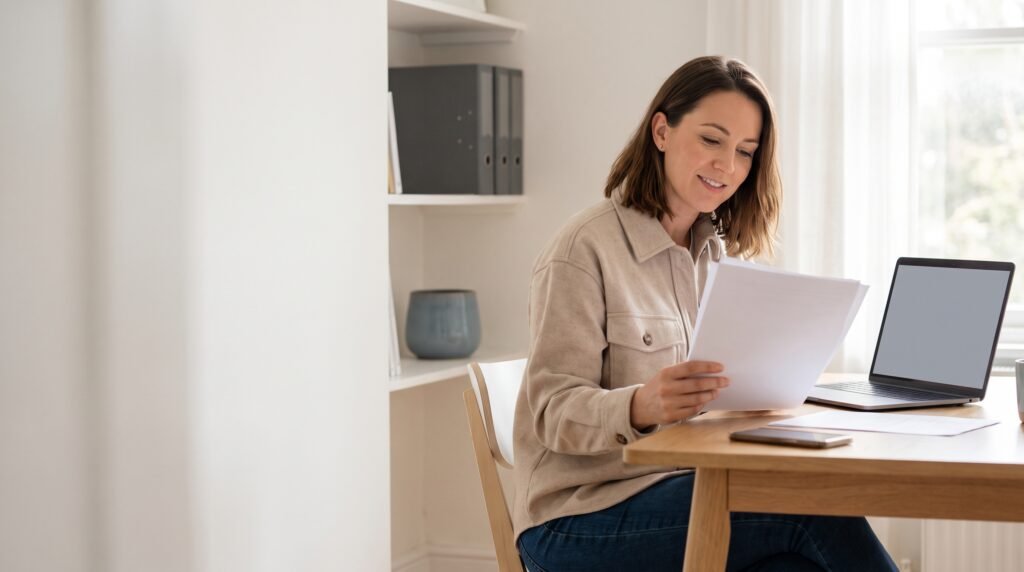 Service business owner reviewing printed pages beside a laptop and phone at her workspace.